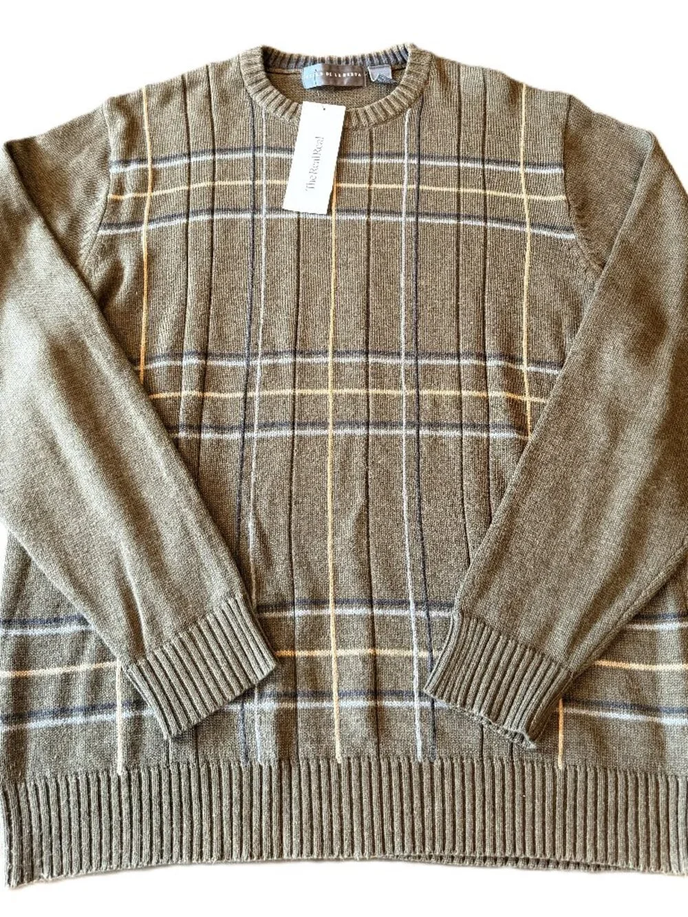 Oscar de la Renta Men’s Green Plaid Crewneck Sweater Cotton Blend Size XL